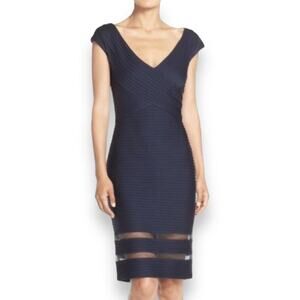 Tadashi Shoji Amata Pintuck V-Neck Body Con Knee Length Dress Women's XS Navy